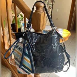 Coach Audrey Andie Cinched Bag 17065 Teal Blue Patent bundle RARE HTF